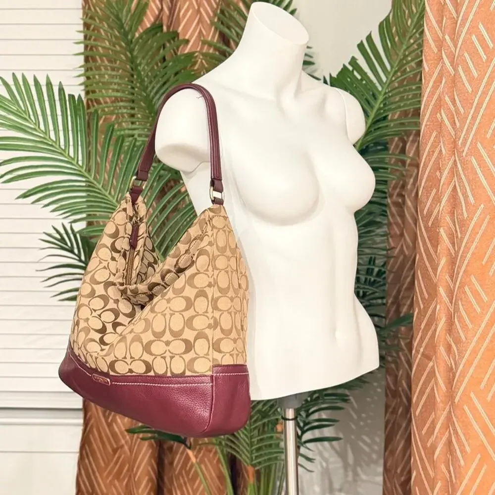 Coach Signature Jacquard Hobo Bag Khaki Purple Leather Shoulder Purse